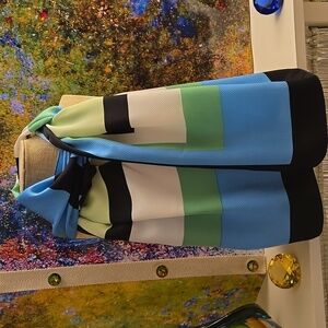 TALBOTS 100% Silk Scarf with Blue, Black, Green Geometric  Design. 12x58 Inches.